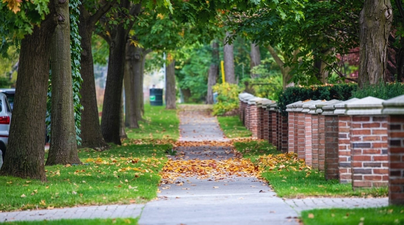 Leaf-covered sidewalk runs between tall trees and a low brick fence along a quiet street.