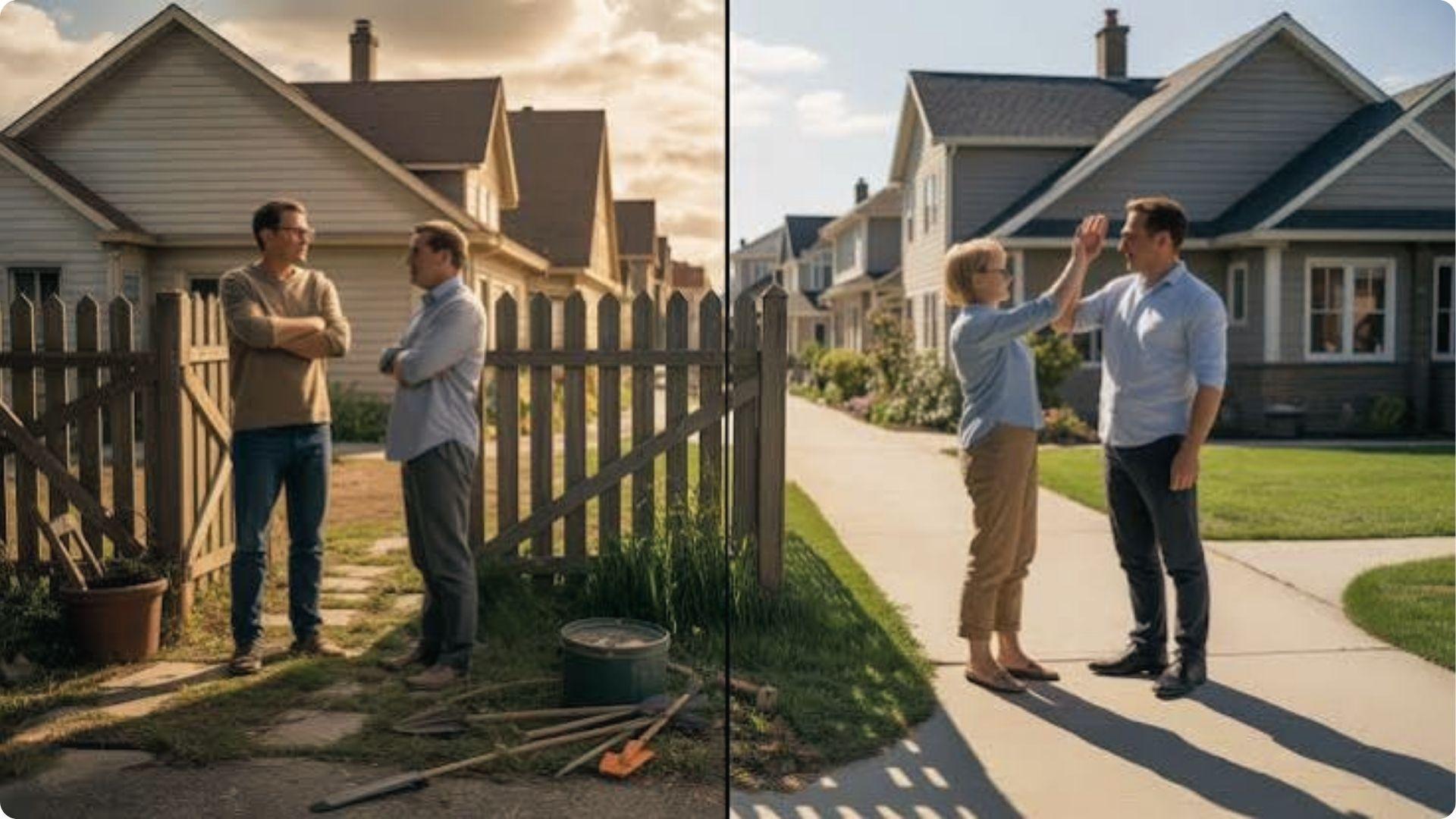 Split scene of neighbors arguing over fence encroachment vs friendly easement agreement high five