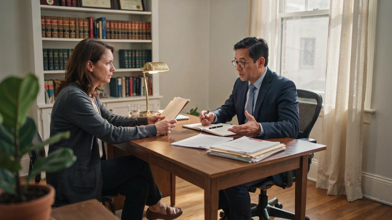 Worried family member meeting an attorney across a desk to discuss a disputed power of attorney case.