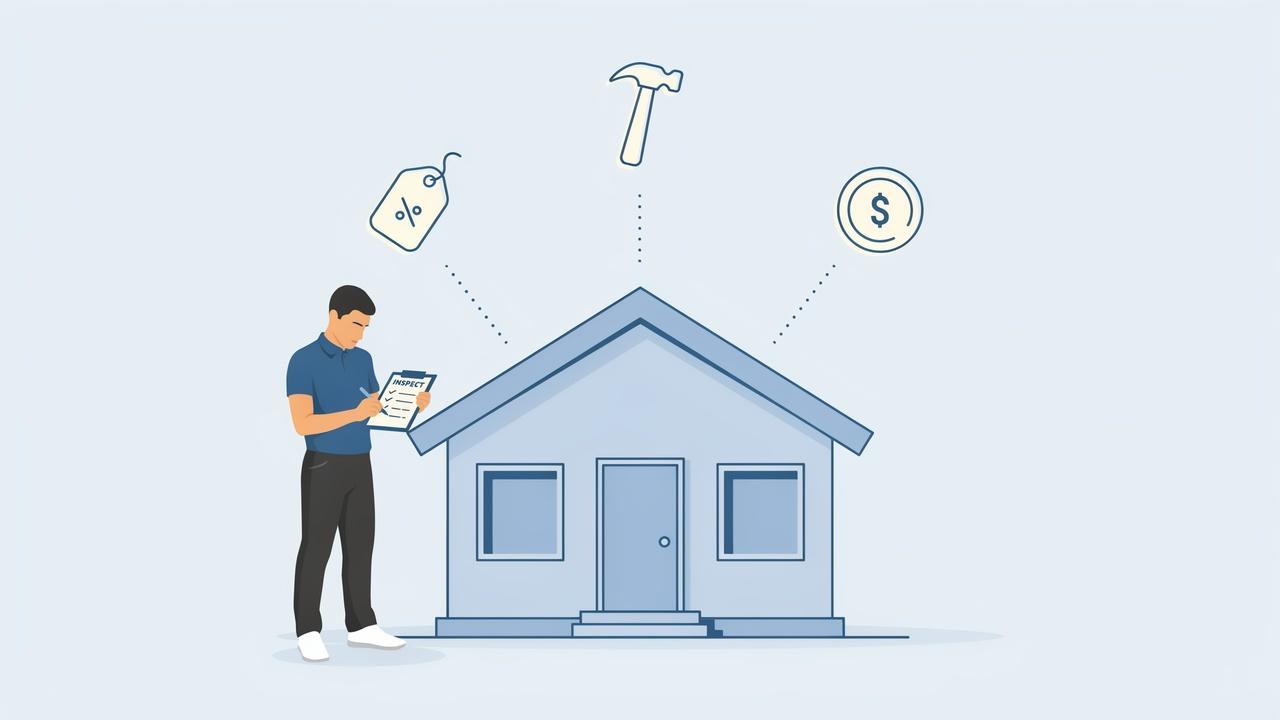 A person with a clipboard stands by a house under a price tag and coin icon.