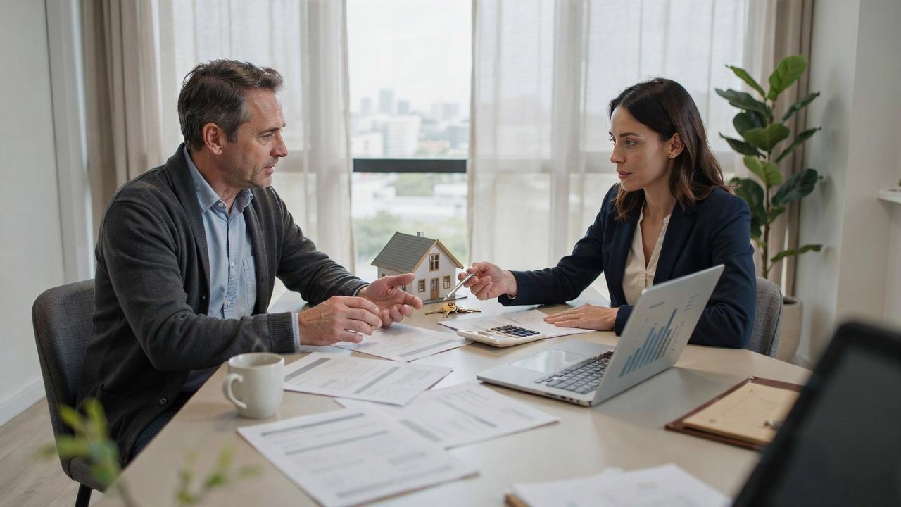 Property owner reviewing tax records and utility bills while discussing property ownership with an attorney.