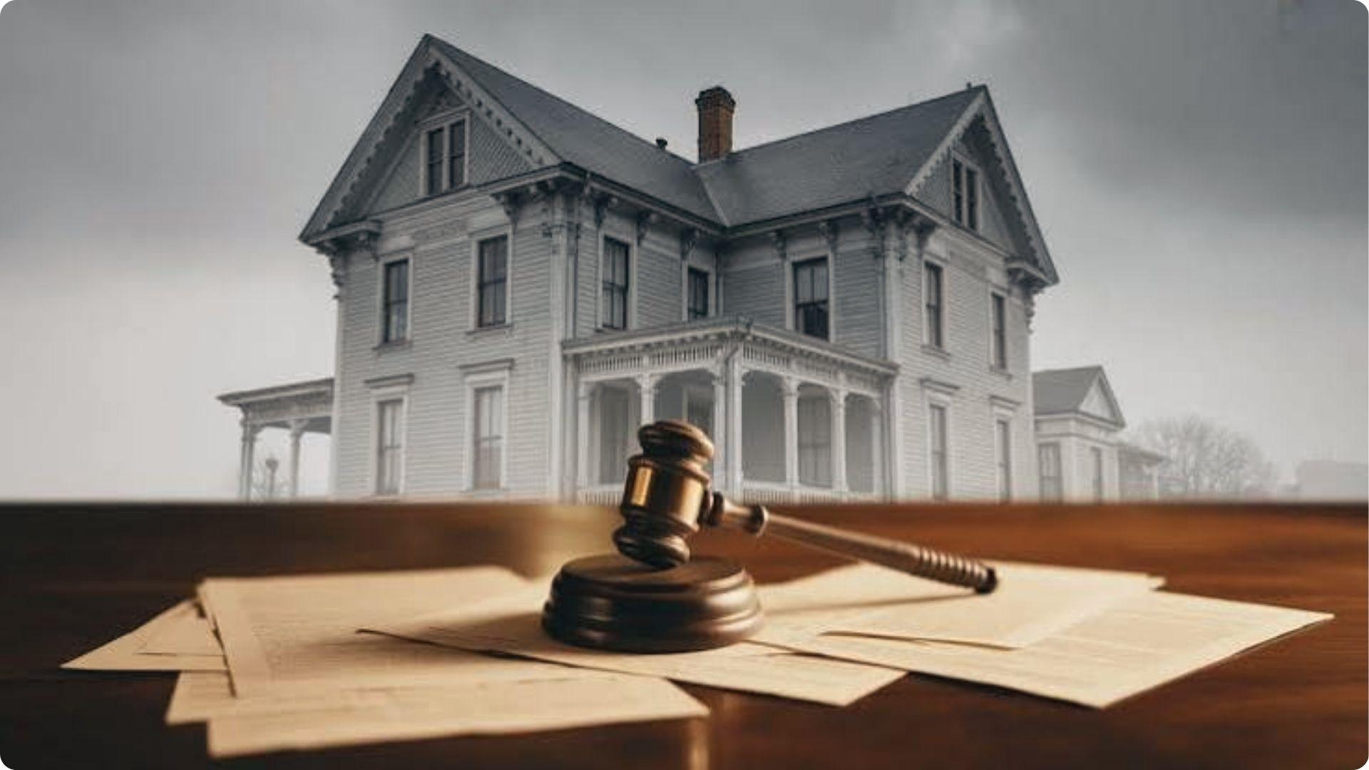 Gavel on deeds with faded Victorian house behind, symbolizing expired real estate lawsuit deadline.