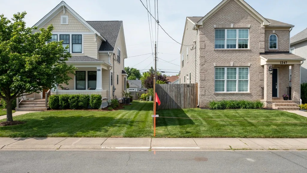 Fence extending beyond a property line between two neighboring homes.