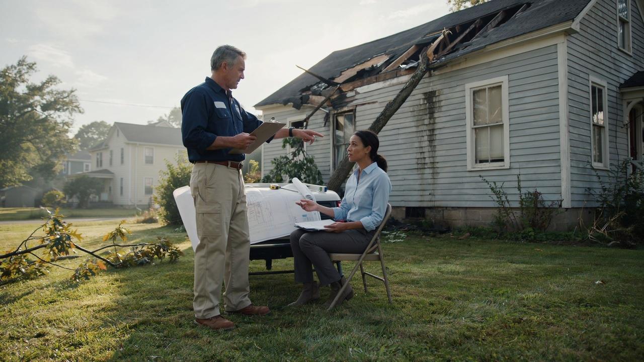 Homeowner and zoning official reviewing documents beside a damaged older property.