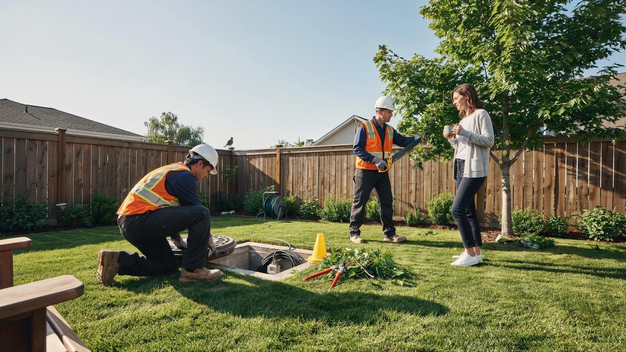 Utility workers accessing a residential property while the homeowner observes during maintenance.