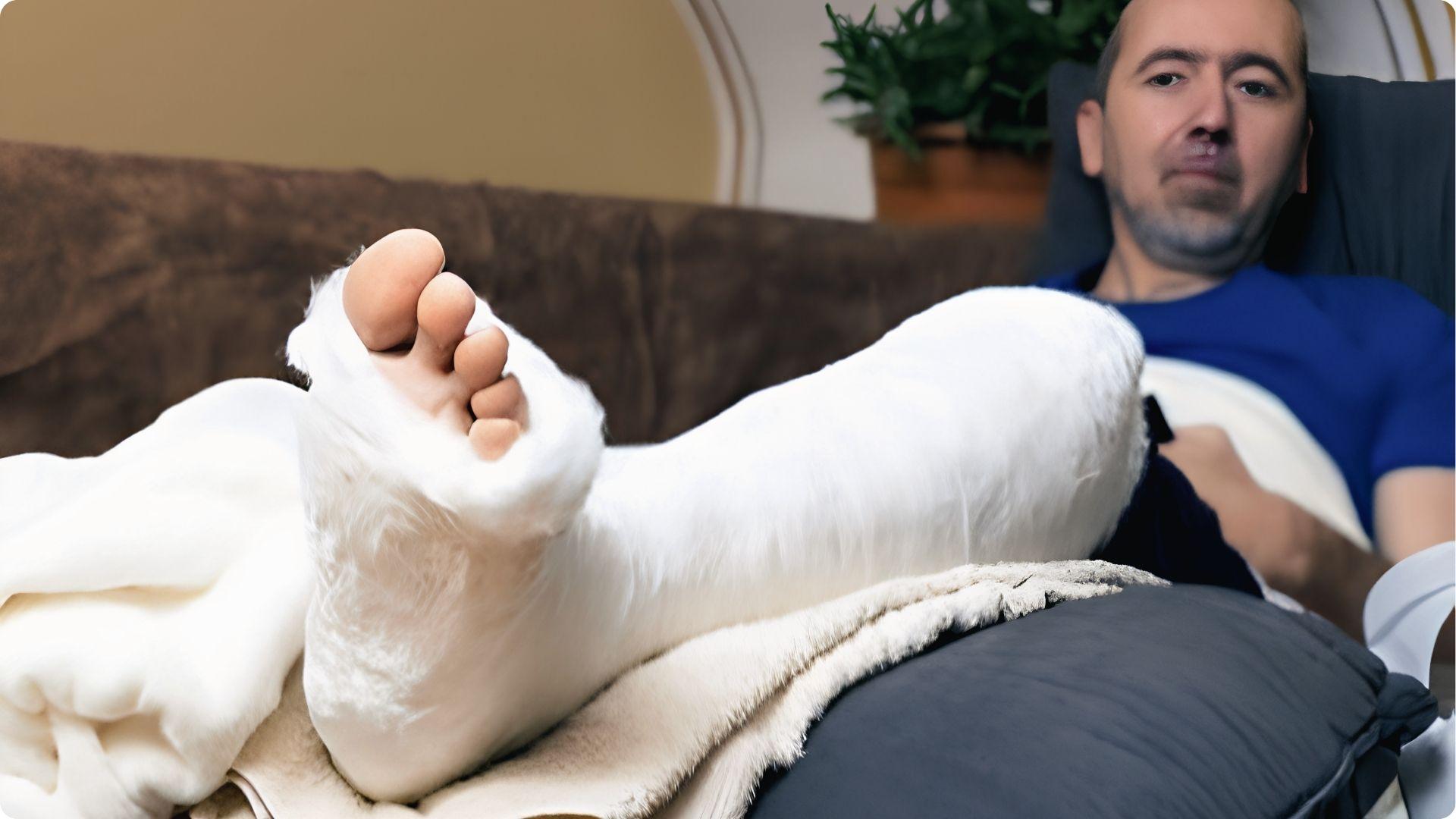Man lying with leg elevated in white cast recovering from serious injury inside rented apartment.