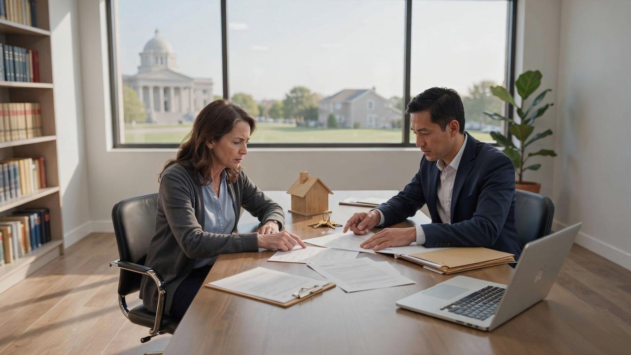 Property owner and real estate attorney preparing documents for the legal eviction process before visiting a courthouse.