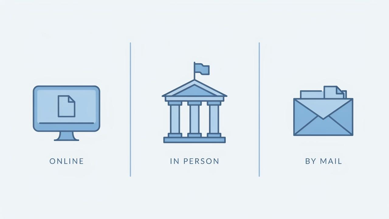 Icons show a computer, a government building, and a mail envelope labeled online, in person, and by mail respectively indicating the three ways to get the copy of a house deed.