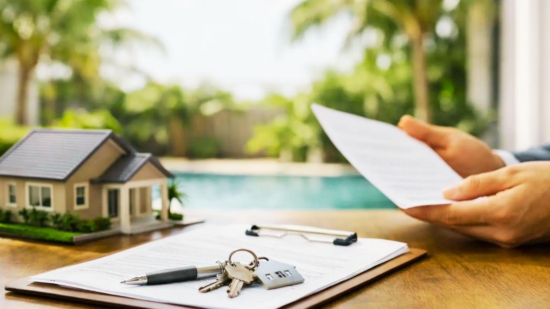Hands holding document near model house with pool background, keys and pen on clipboard on desk.