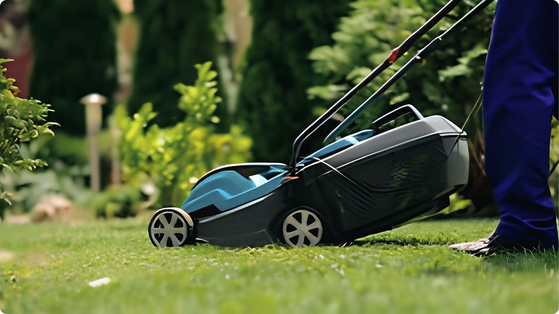 Lawn mower cutting grass close-up shows routine yard care assigned to tenant or landlord per lease.