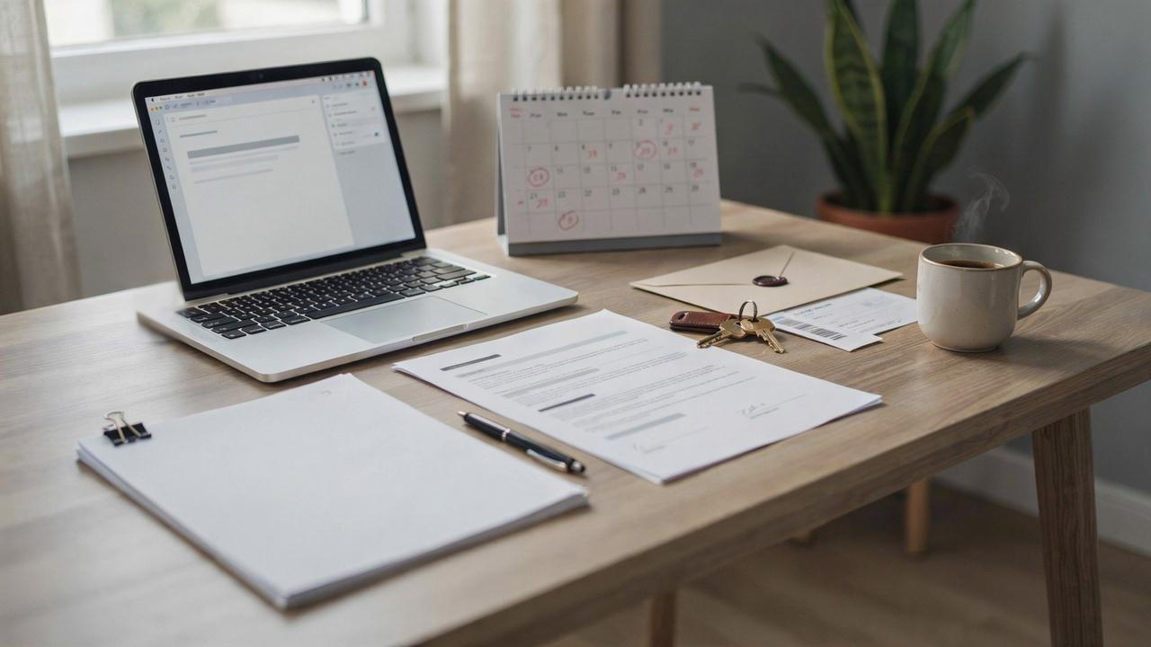 Tenant organizing sublease documents, certified mail, keys, and rental records at a desk.