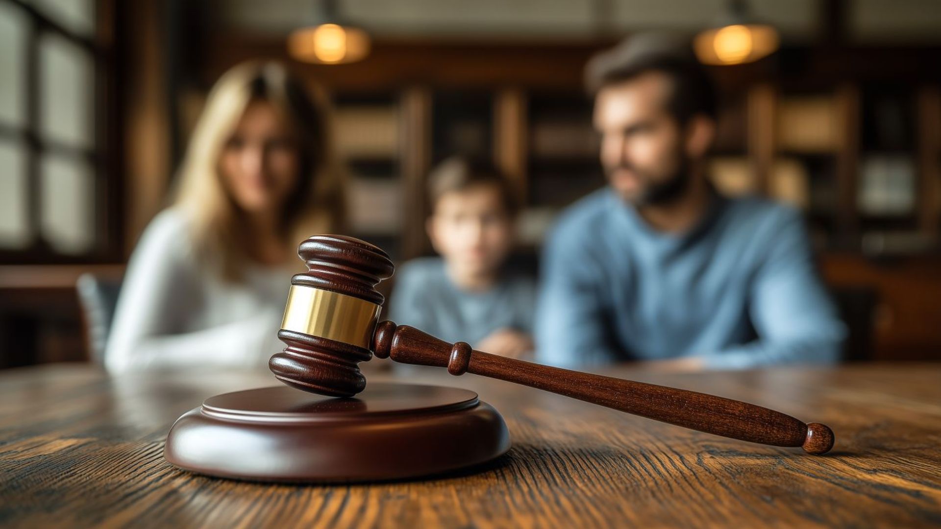 Judge gavel on sounding block in focus on wood table, blurred family of three in courtroom background, custody concept.