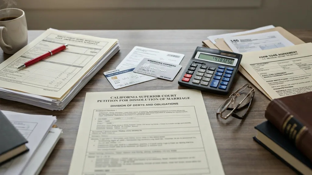 Mortgage papers, credit card bills, auto loan documents, and tax records representing marital debt.