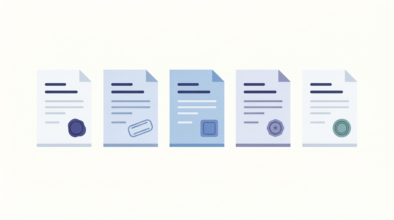 Five document icons in a row, each show a different colored seal or stamp.