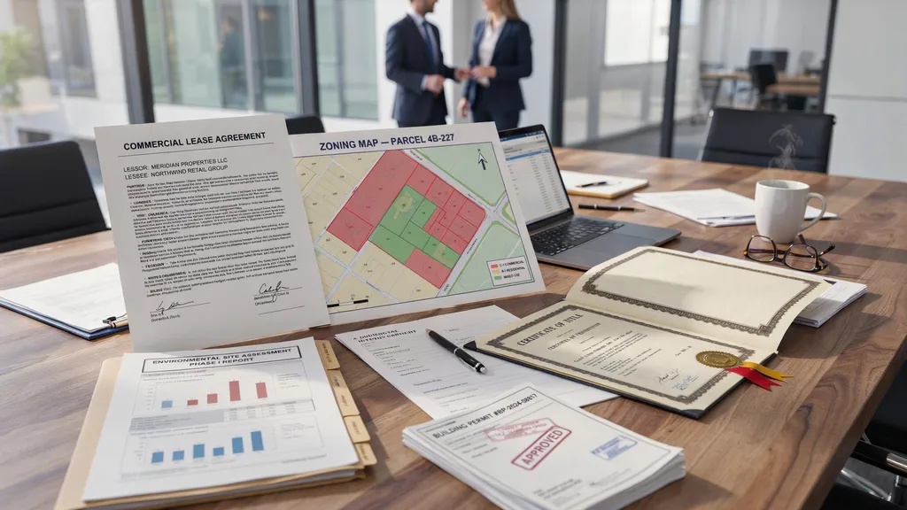 Commercial property documents including leases, zoning maps, and title records.