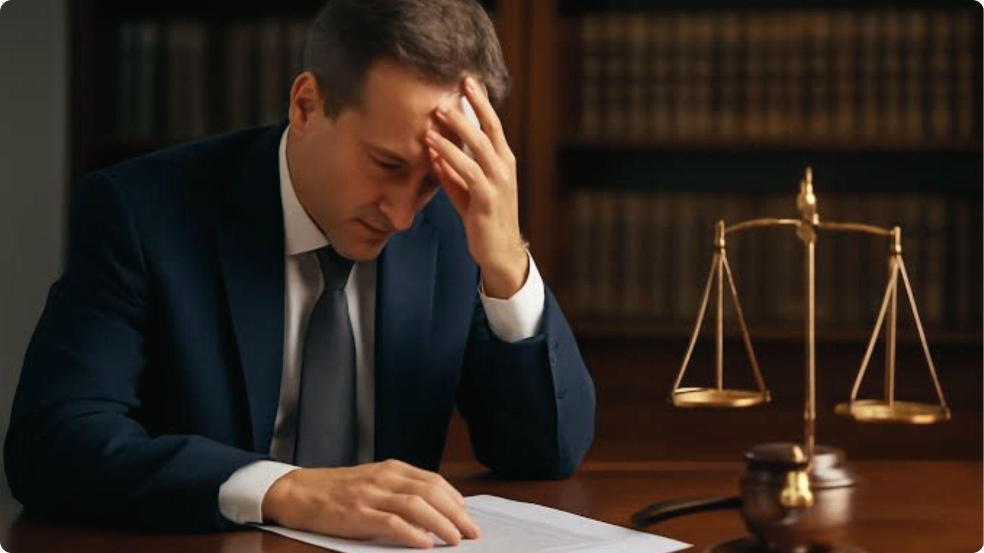 Executor neglects duties under stress, distressed lawyer at desk with justice scales nearby.