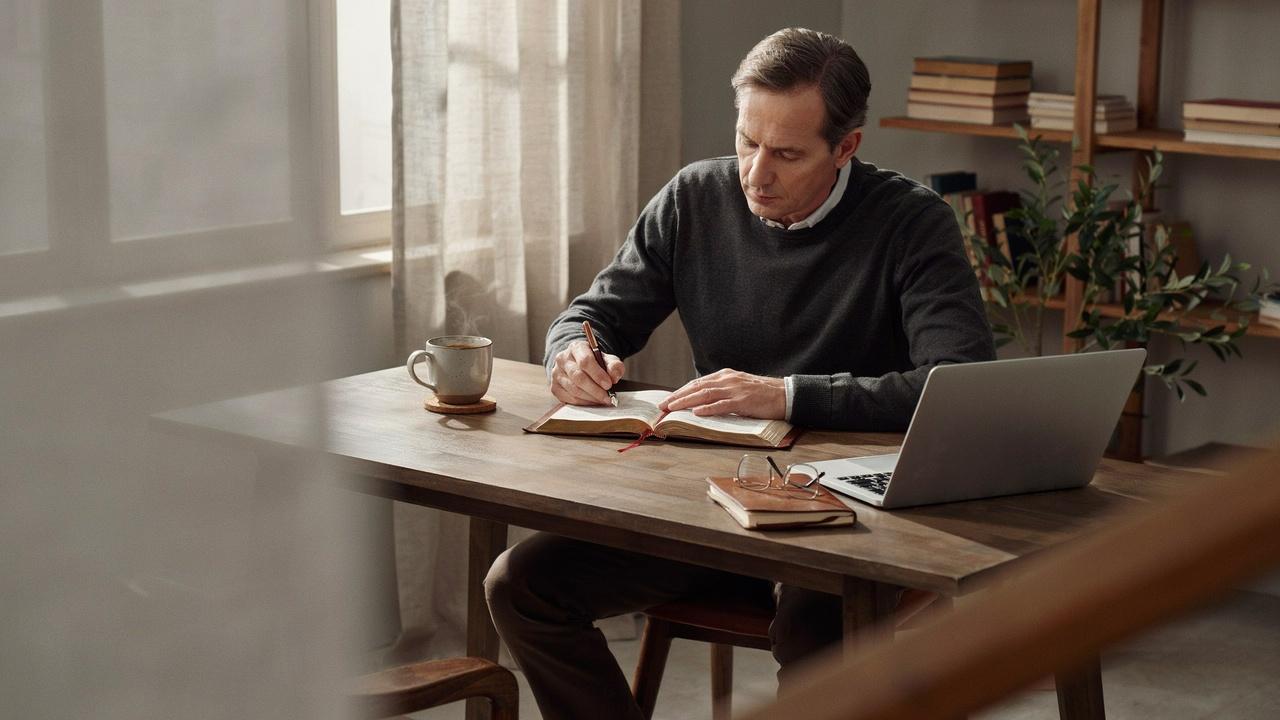 Christian writing at a desk with an open Bible and notebook while reflecting on faith.