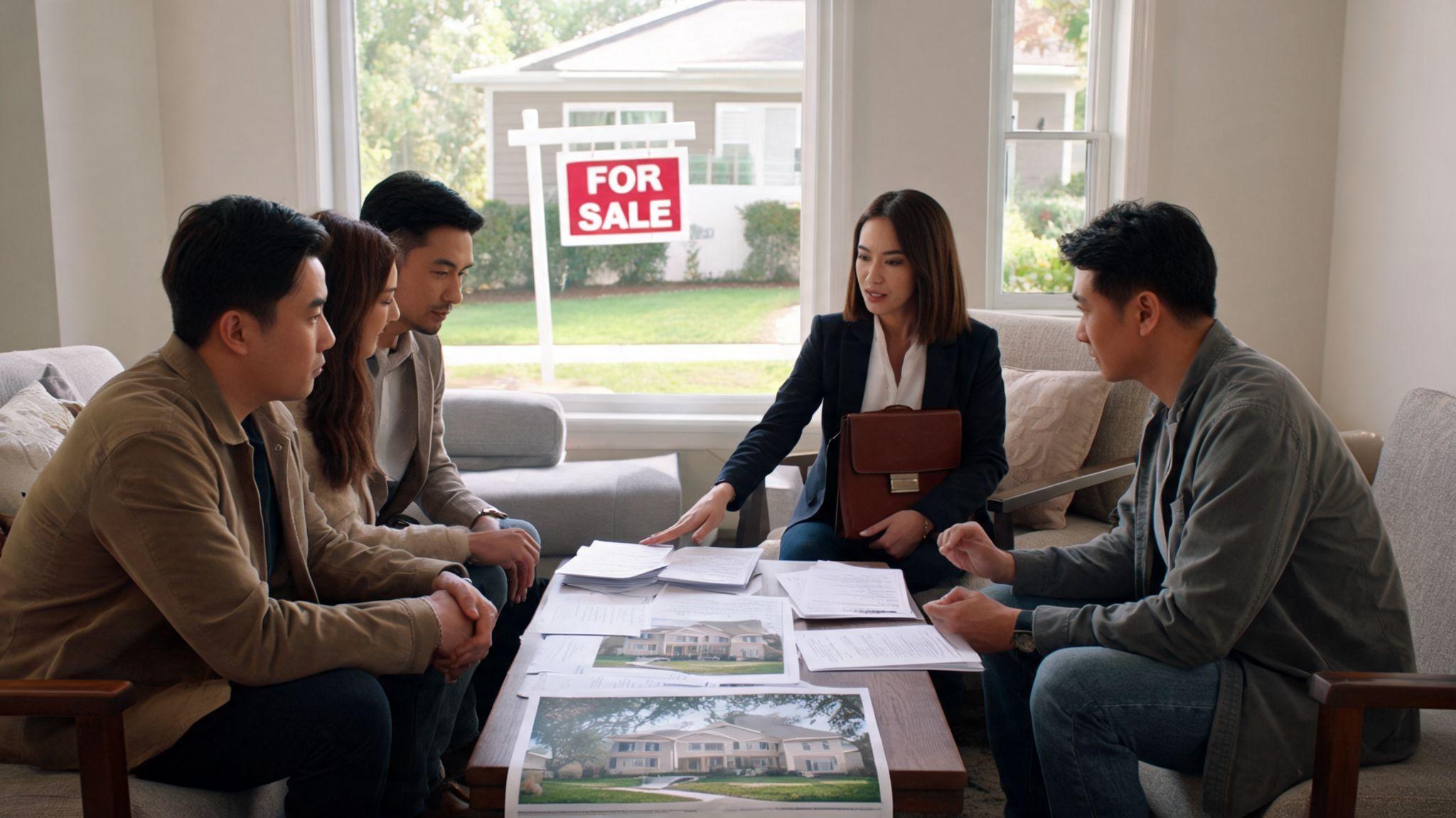 Real estate agent sitting with a couple and a client discussing property documents at a table.