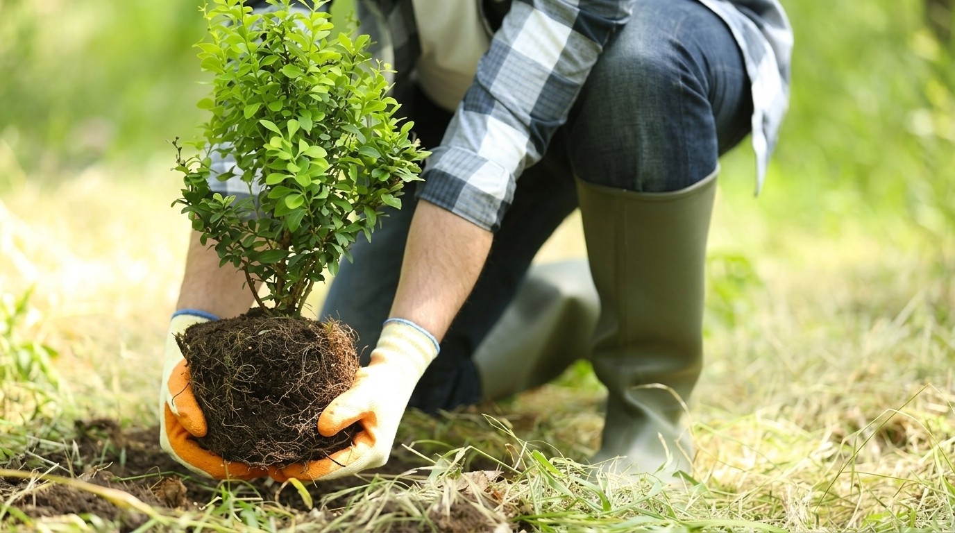 Person in gloves and boots kneels to plant a small green shrub in the ground.