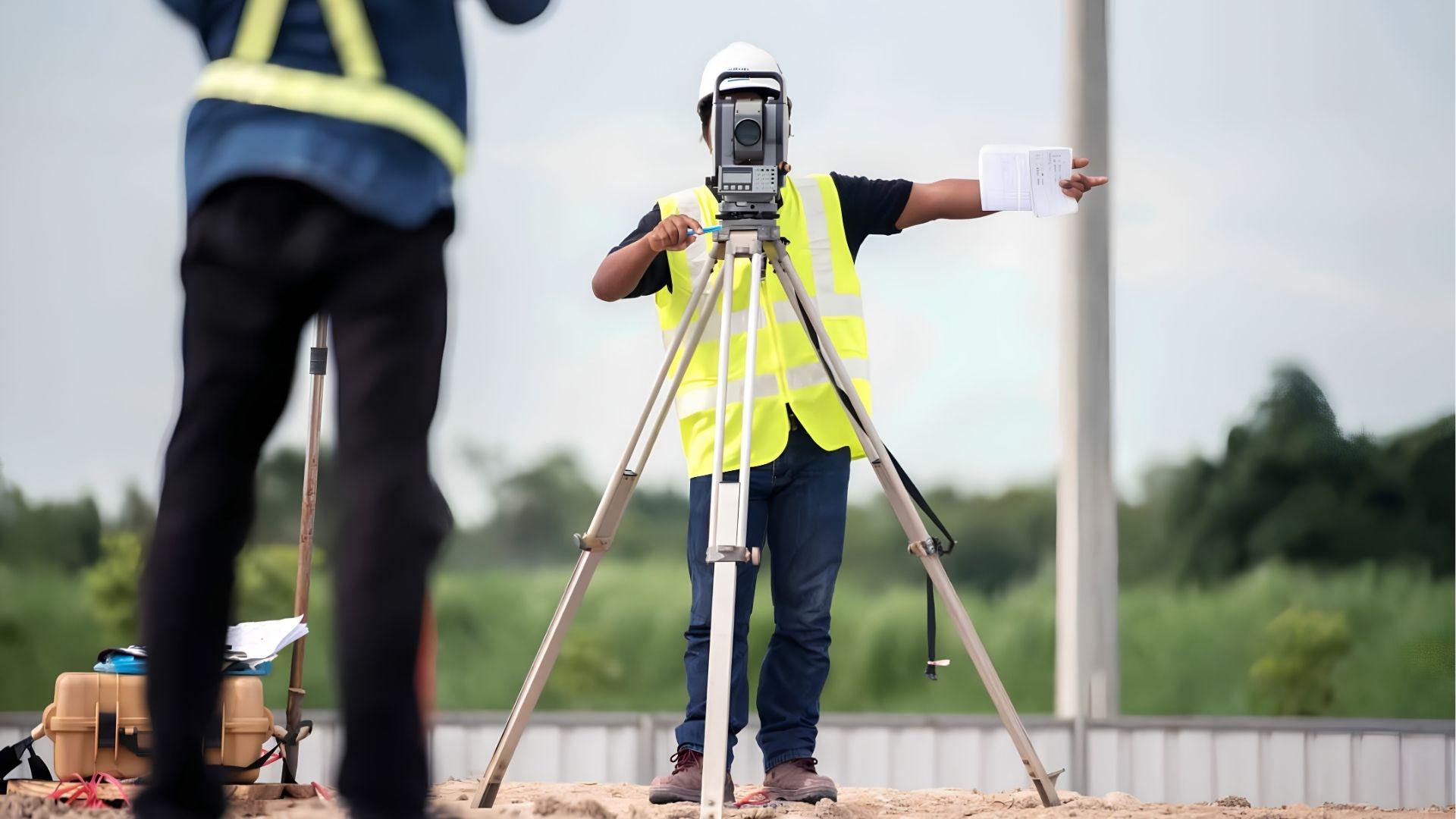 Land surveyor using a total station to measure a construction site.