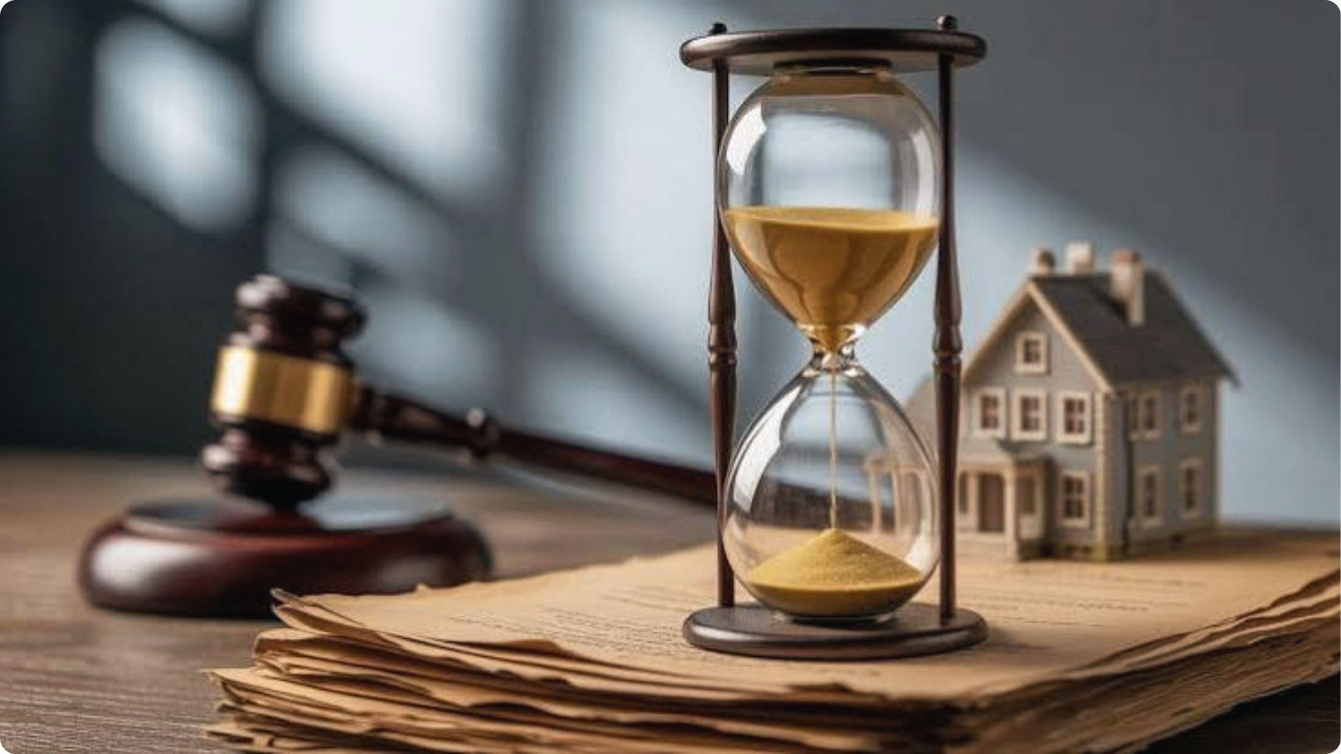 Hourglass on deeds with gavel and model home depicts real estate statute of limitations deadline.