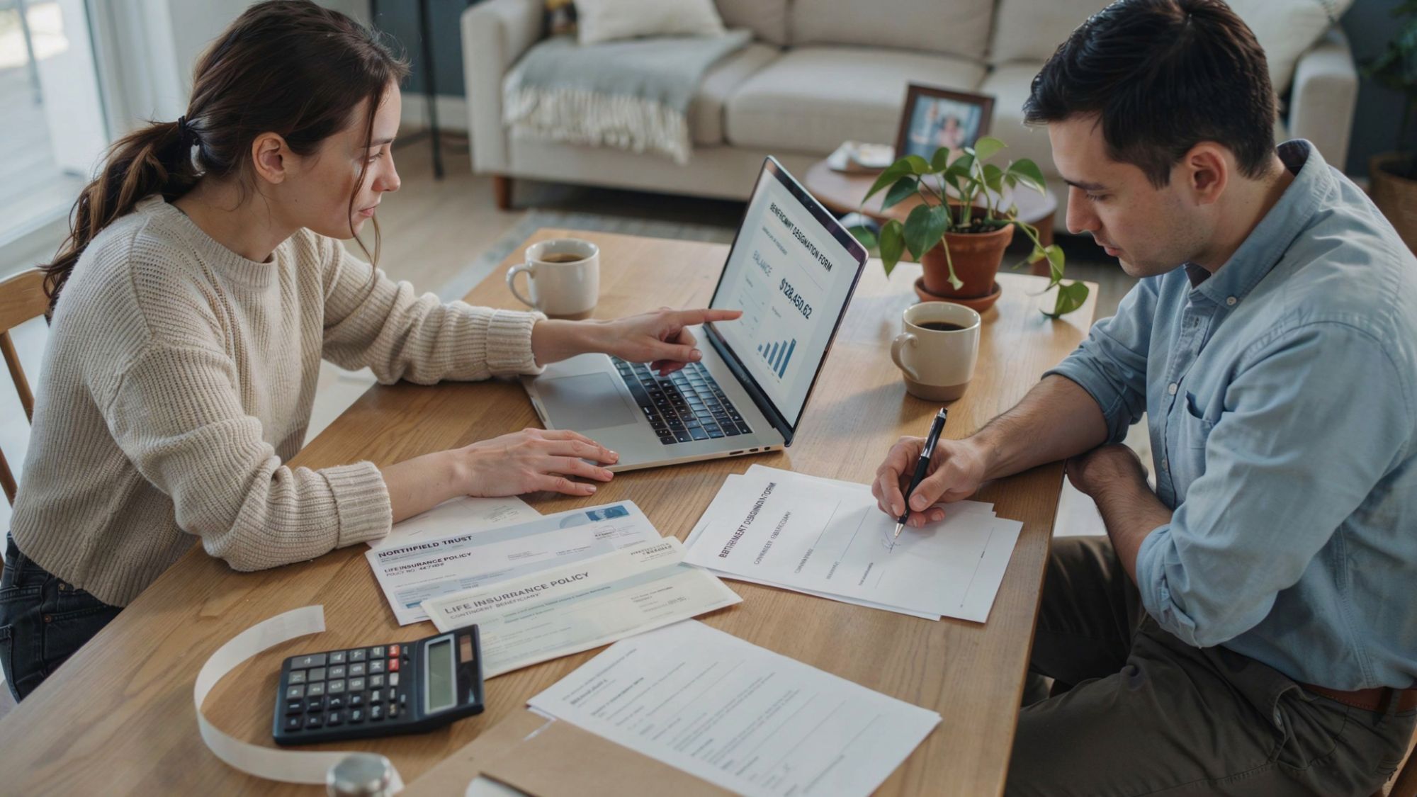 Couple updating beneficiary forms and reviewing financial accounts.