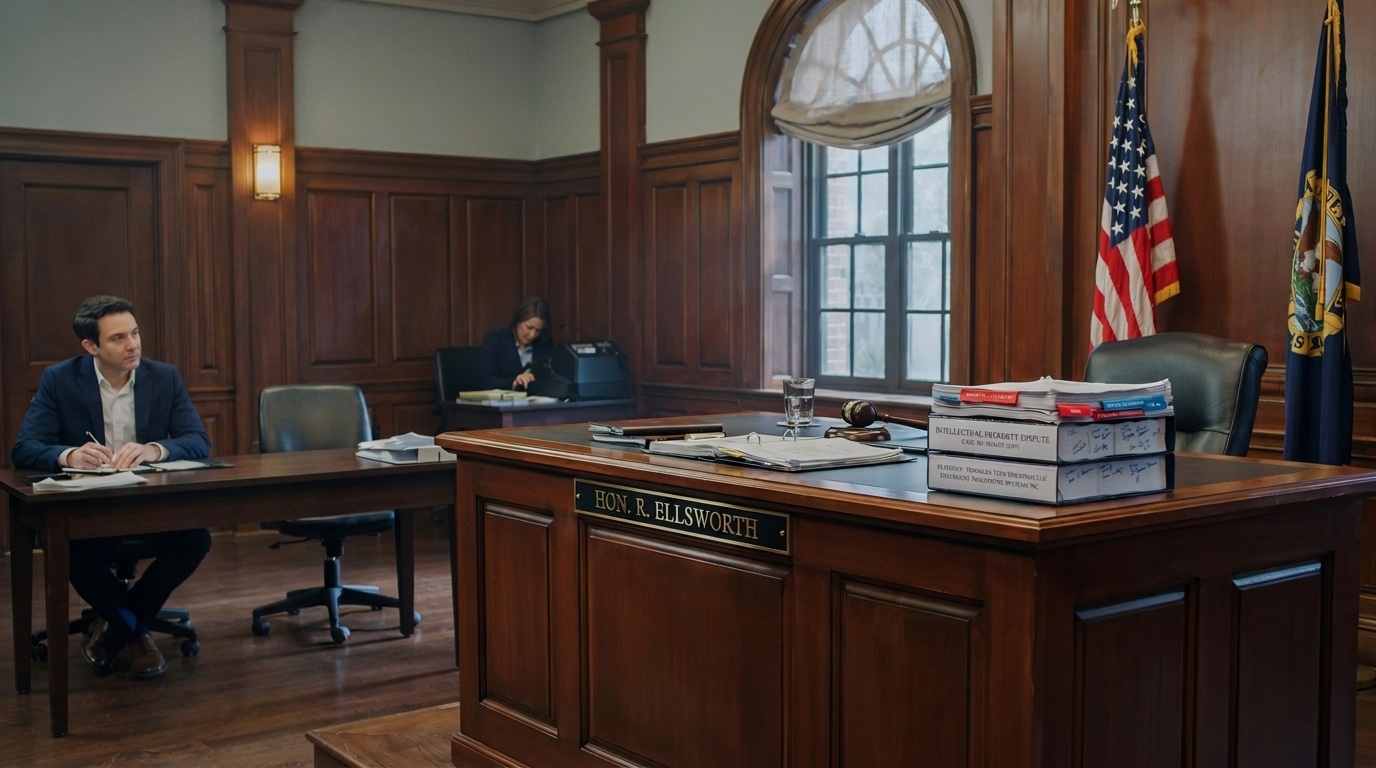 Legal documents and courtroom setting showing intellectual property dispute consequences.