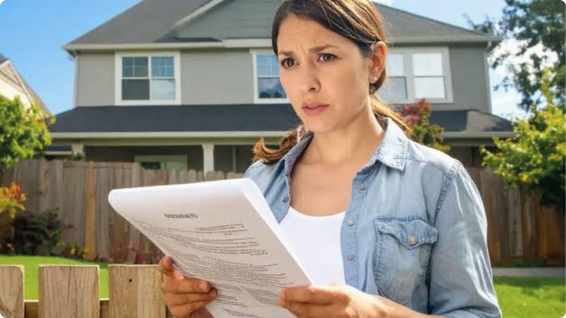 Woman reading easement notice confused about who handles maintenance in front of suburban home.