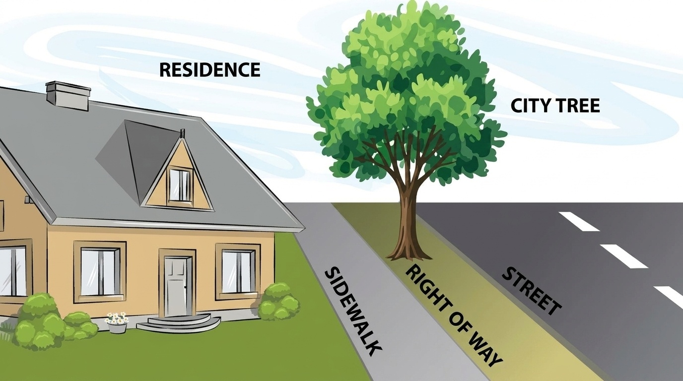 Diagram shows a city tree in the right of way between a house and street.