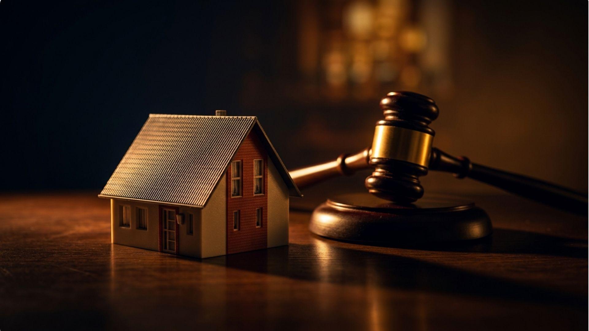 Miniature house beside wooden judge's gavel on dark table, property law concept.