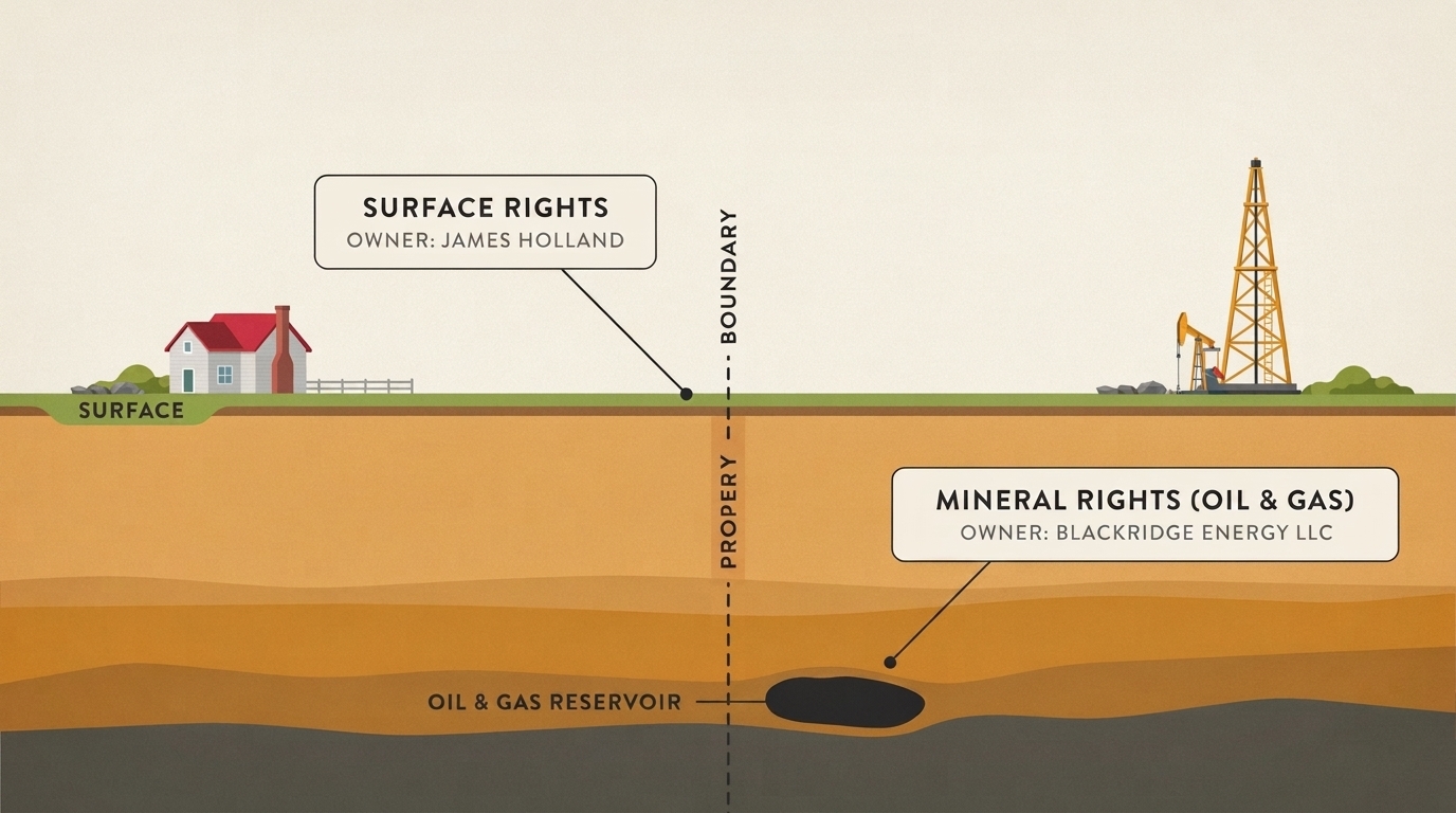 Cross-section of land showing one owner holding the surface and another owning the oil and gas below.