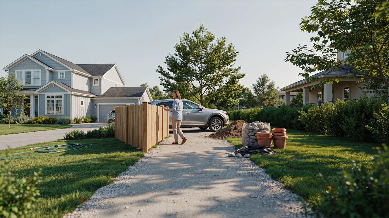 Shared access path partially blocked by fences, vehicles, and landscaping obstacles.