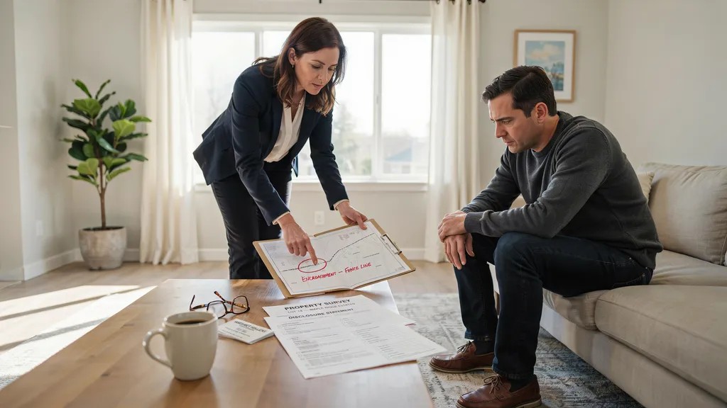 Real estate agent showing a home with a disclosed property boundary issue to a buyer.
