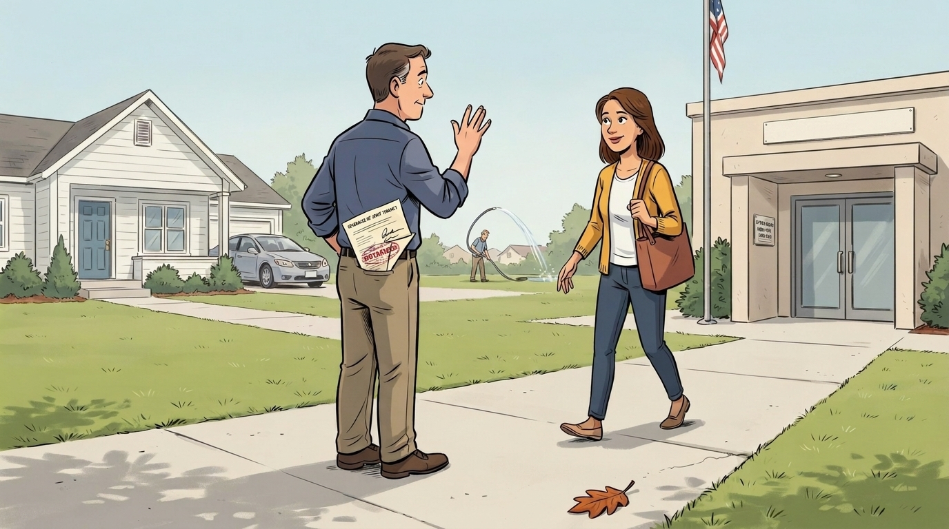 Illustration of one joint tenant hiding a signed severance document from the other owner beside a house and an official house.