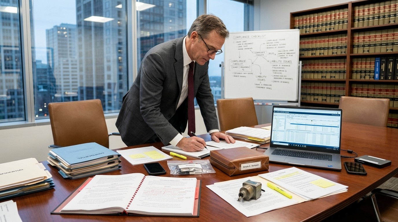 Lawyer reviewing evidence for an intellectual property infringement case.