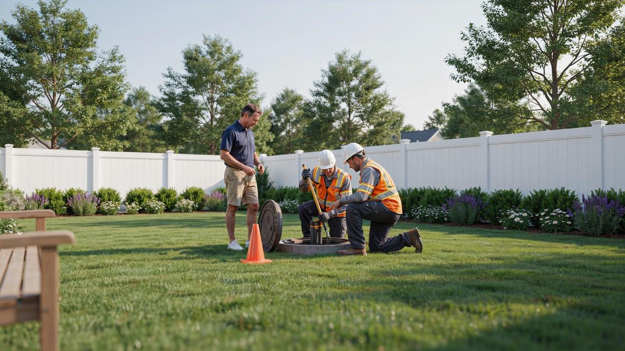 Homeowner and utility workers sharing access to a backyard while respecting utility easement boundaries.