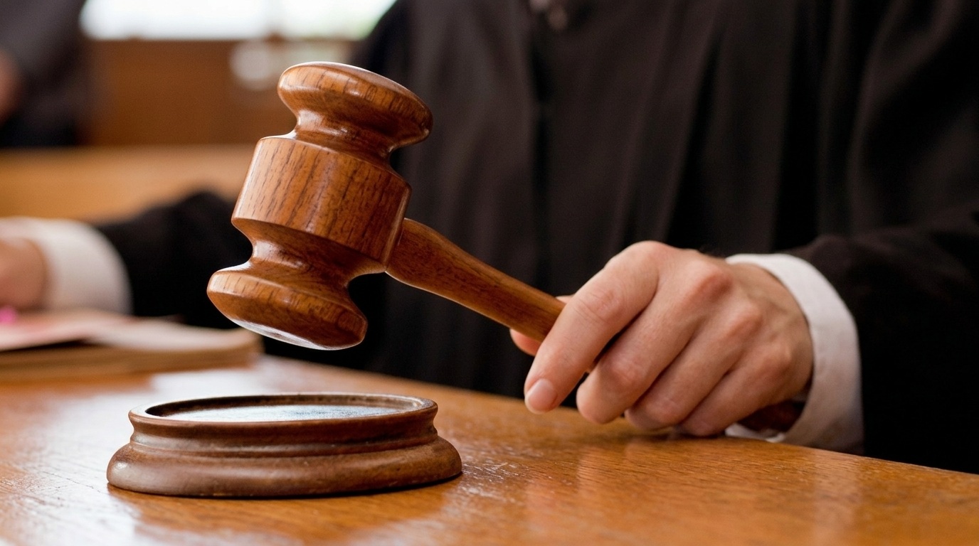 A judge in a black robe holds a wooden gavel above its round wooden block.