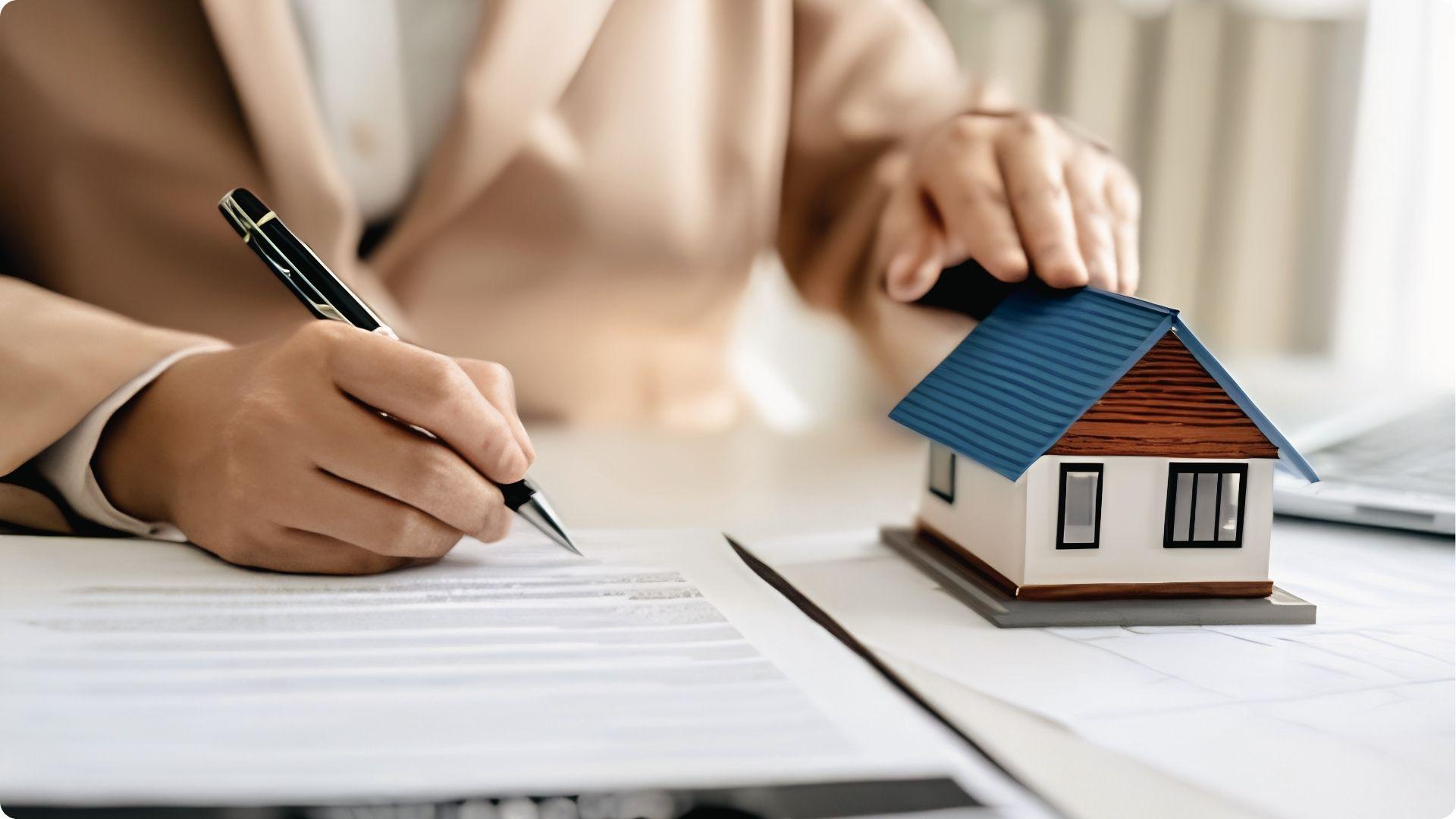 Person signing documents beside model house to challenge unfair high property tax assessment