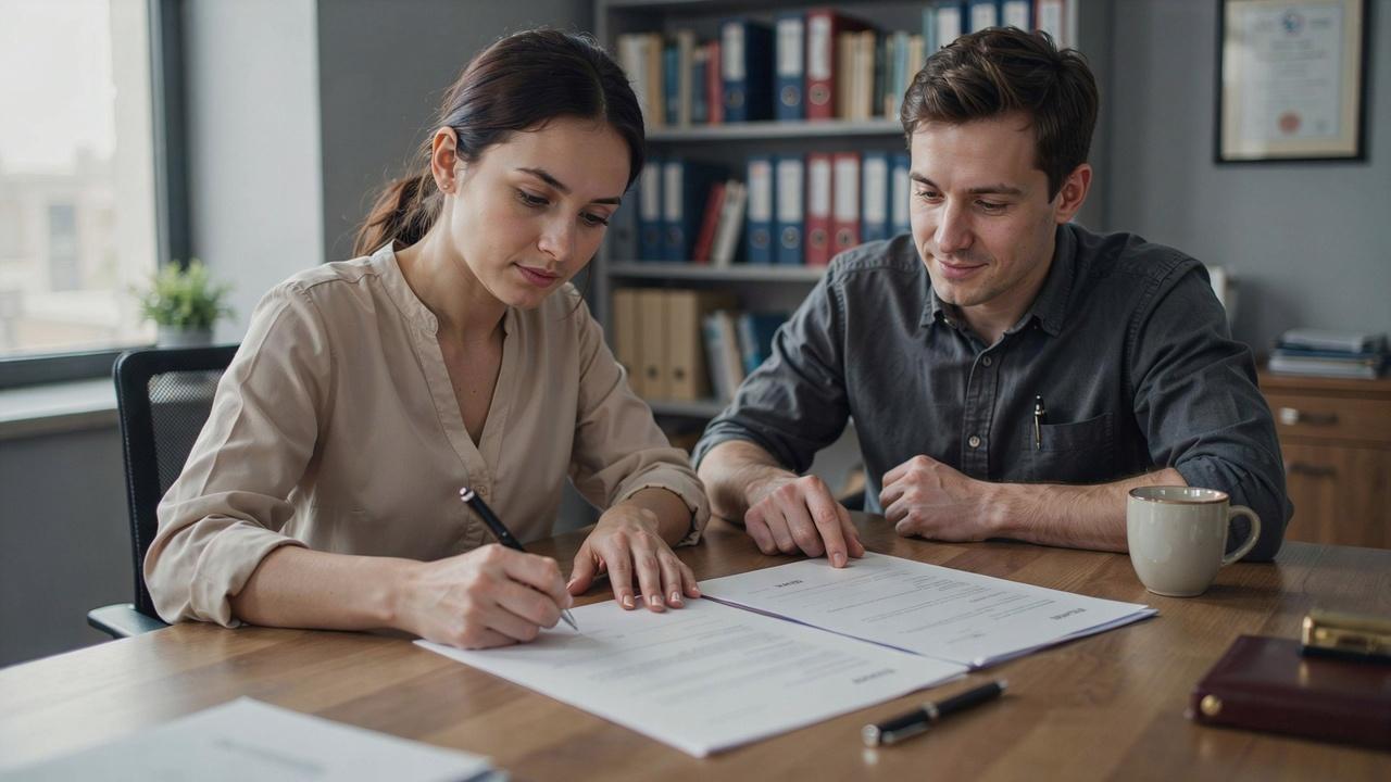 Woman signs a document while man points to it at the office desk.