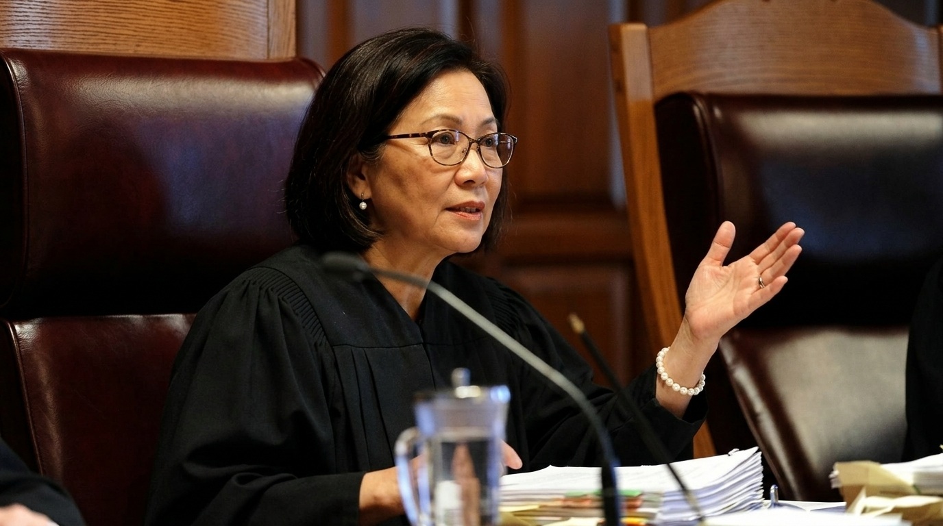 Judge in black robe gestures while speaking at the bench in a courtroom.