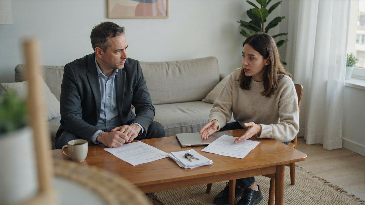Tenant and landlord reviewing documents during a sublease approval discussion.