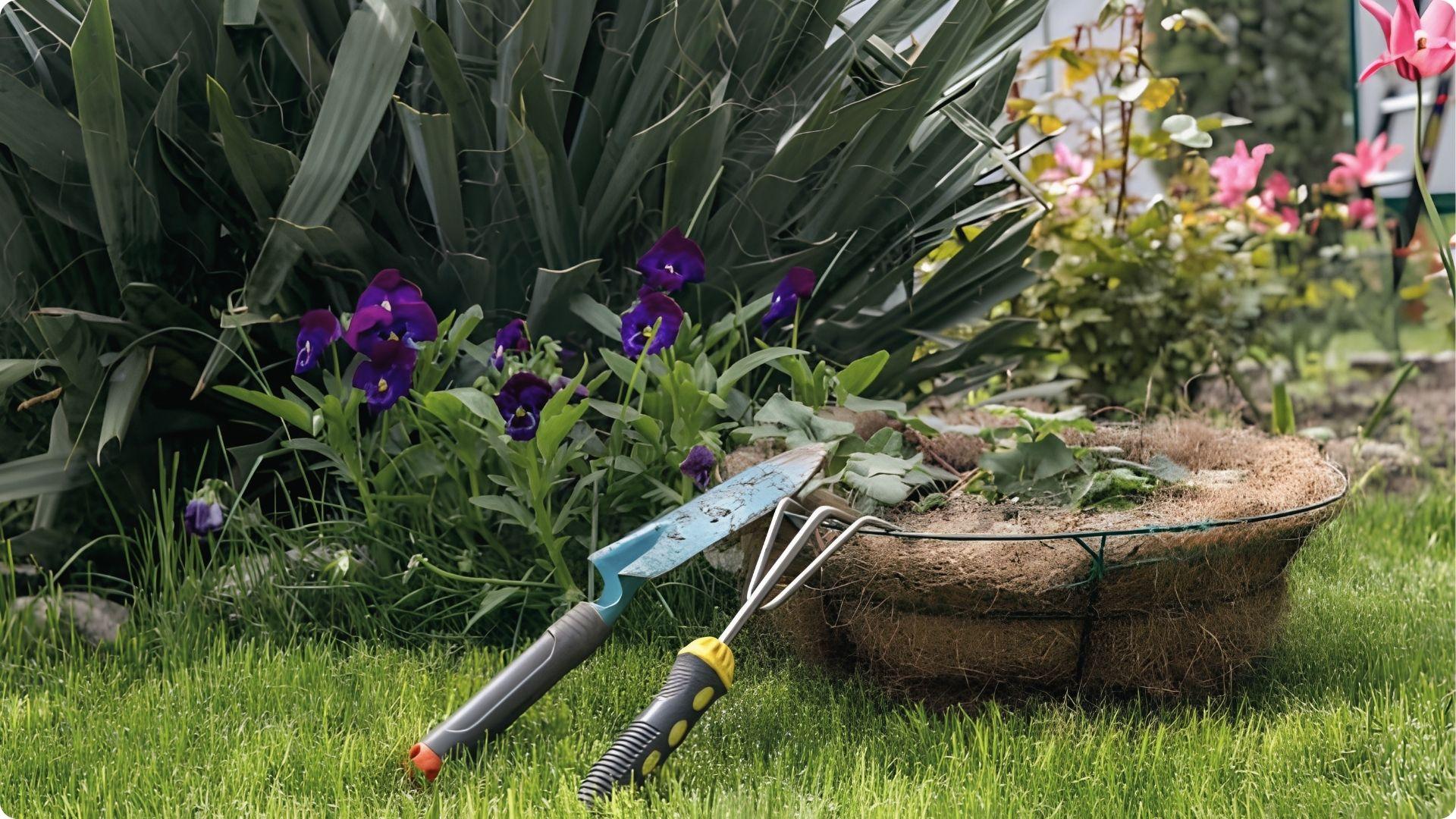 Small trowel and rake near planter depict light landscaping duties tenants handle per lease terms.