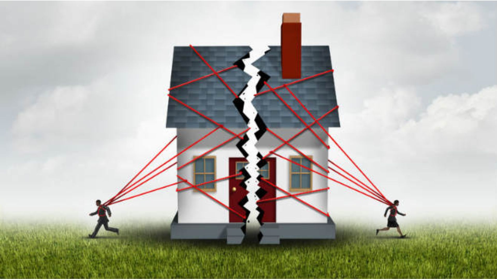 Concept illustration of house split down middle by large crack, man and woman running opposite directions pulling house apart with red ropes.