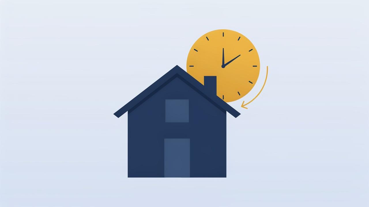 A house overlaps a clock face with an arrow curving back around it.