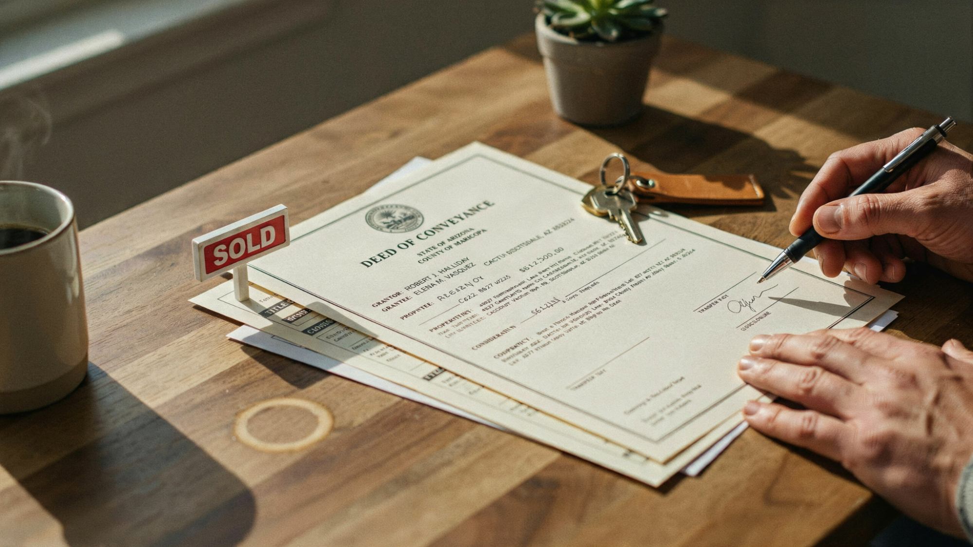 Arizona property deed, house keys, and ownership documents reviewed on a desk before purchase.