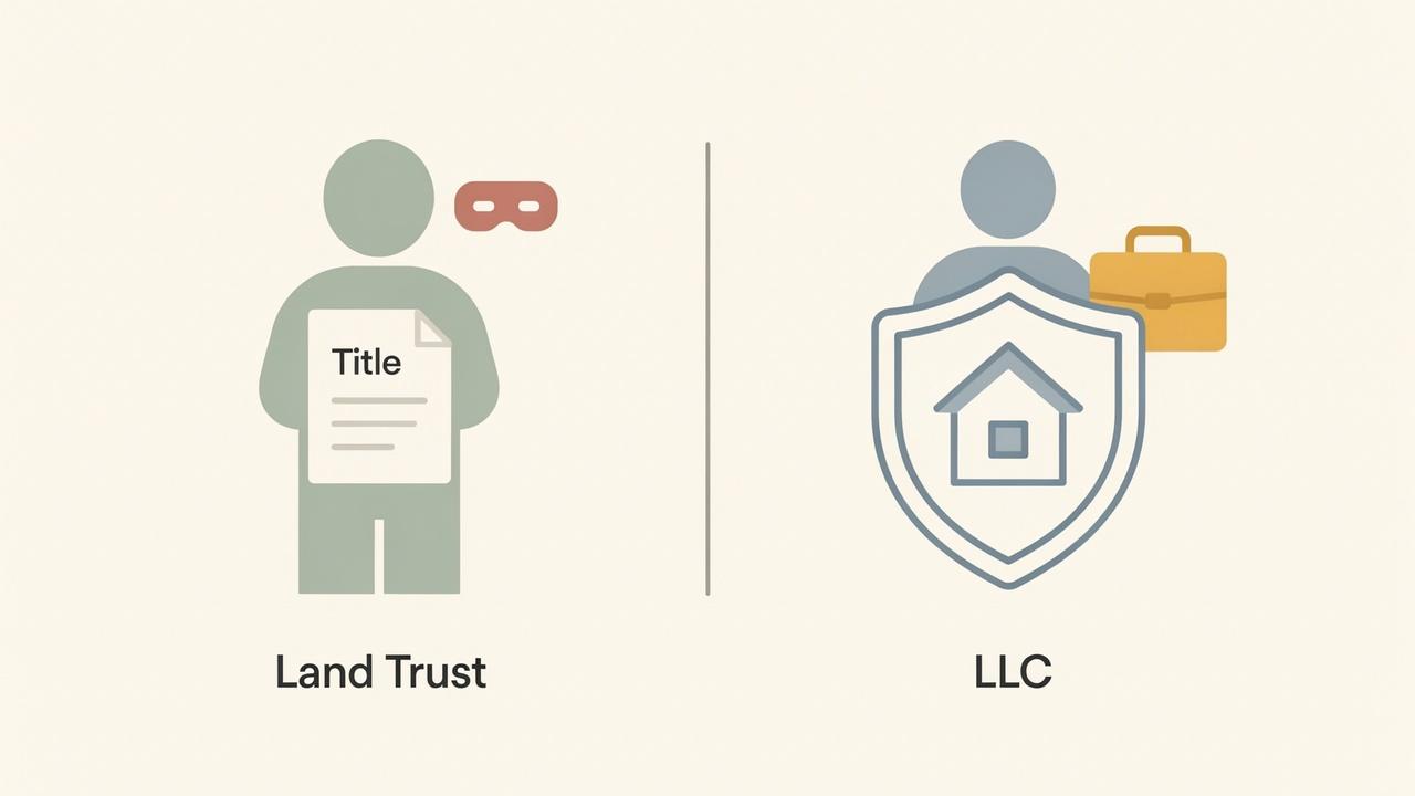 Illustration showing a land trust that holds property title privately and an LLC that owns property and limits liability.