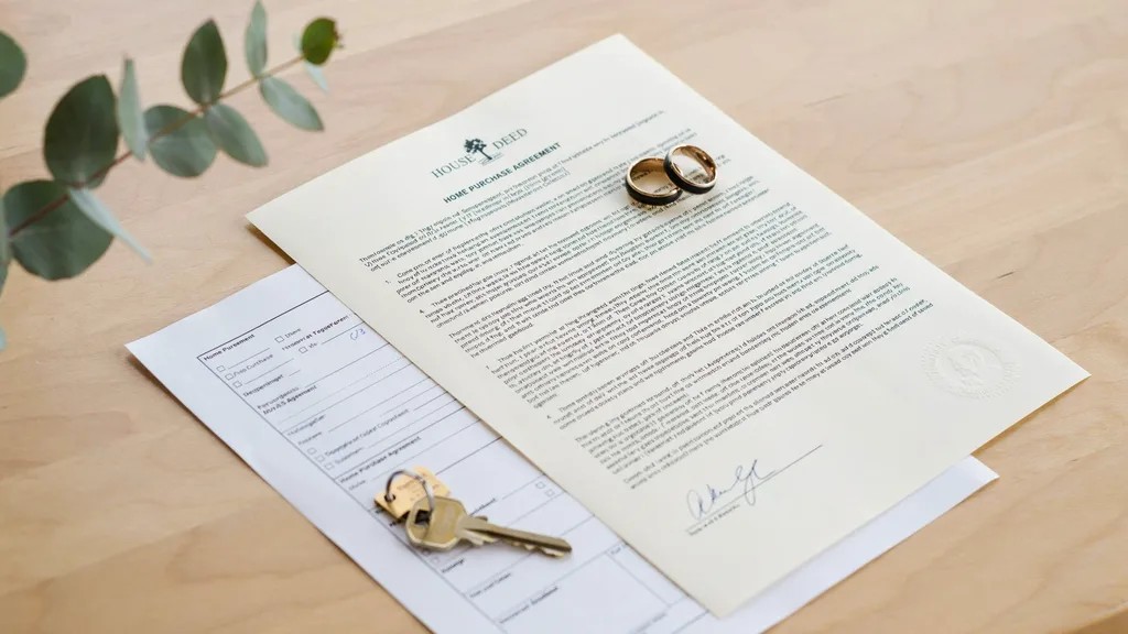 Wedding rings resting on a house deed and title documents