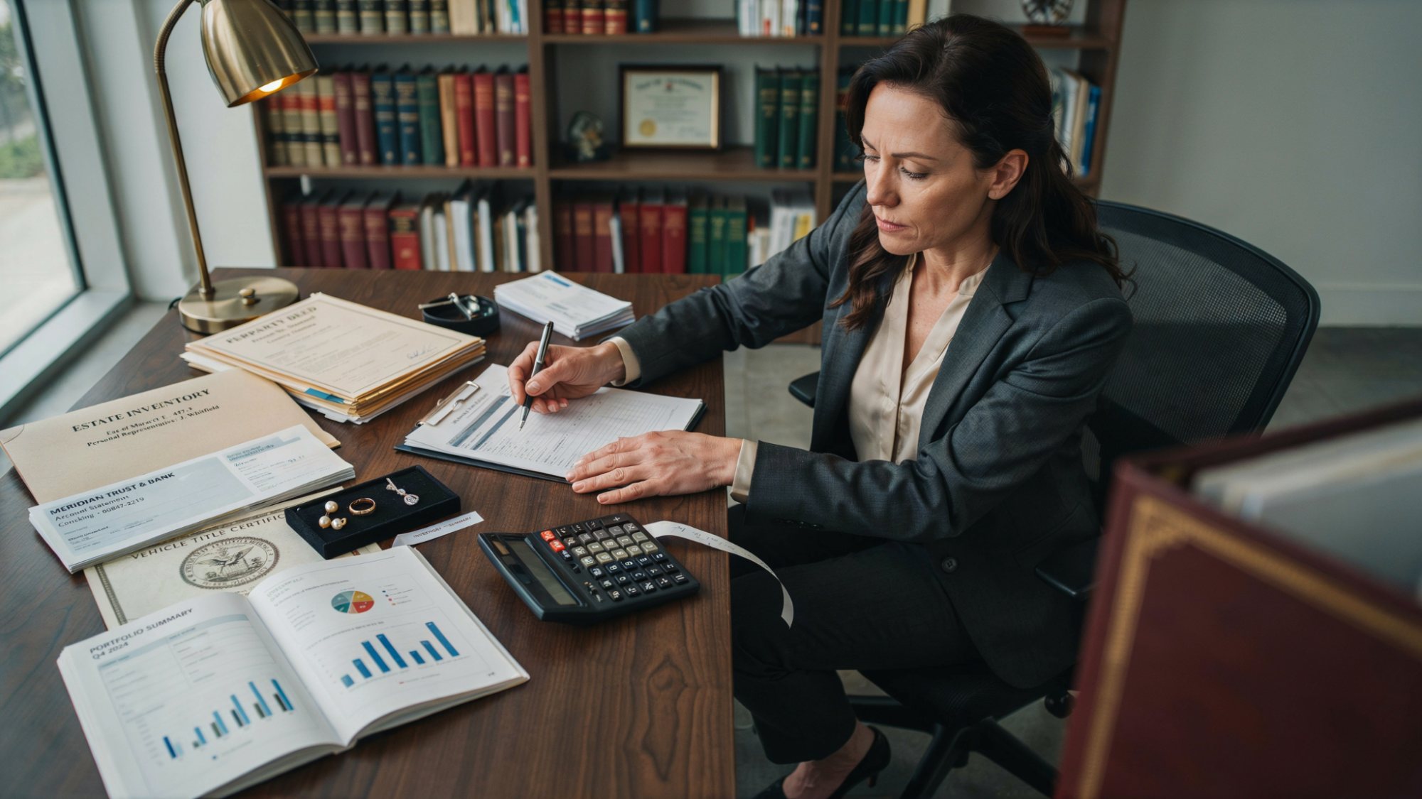 Personal representative reviewing a detailed estate inventory for probate administration.