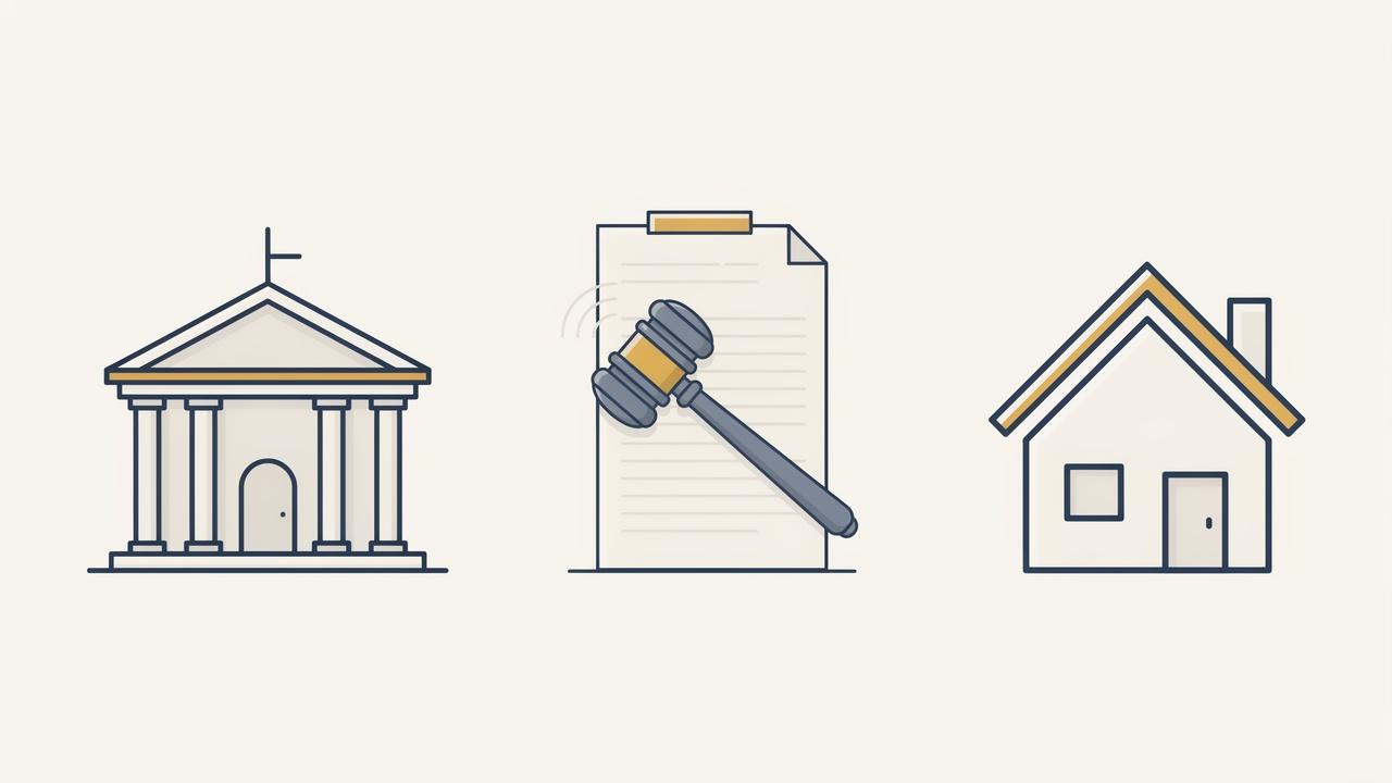 A courthouse, house icon, and gavel sit together showing law and property linked.
