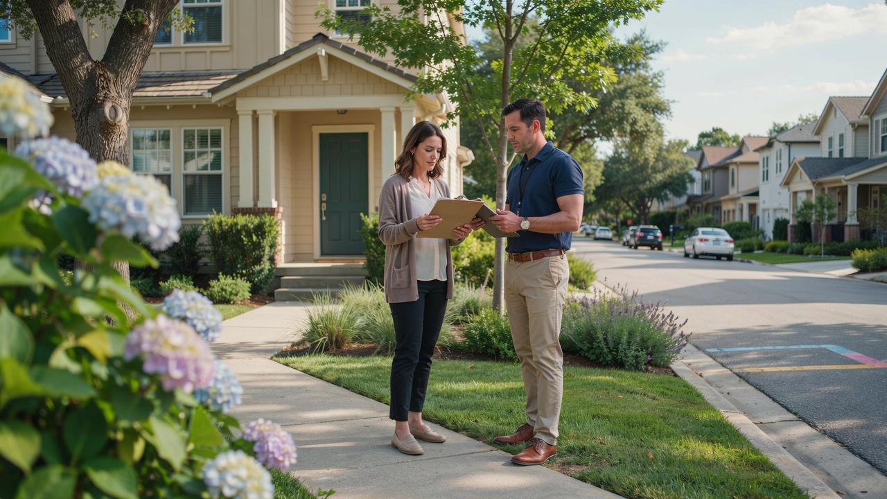 Homeowner discussing a property rule issue with a community representative outside a residential neighborhood.